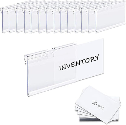 50PCS Basket Bin Labels Clip On,ChanQnTon Clear Plastic Labels for Storage Bins, Wire Shelf Price Tags,Merchandise Sign Display Holder,50PCS 6X4CM Paper Inserts Included.