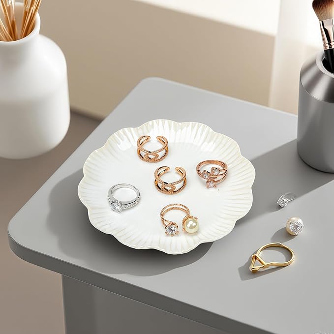 Ceramic Jewelry Dish, Decorative Tray for Rings Earrings Necklaces Bracelet Watch Keys, 4.50" Trinket Tray as Gifts for Women (White Flower)