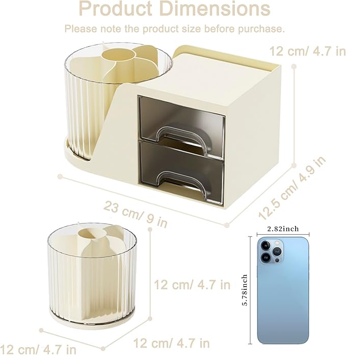 SAYEEC Rotating Desk Organizer with 2 Drawer, 6 Slots Multi-Functional Pencil Pen Holder, Desktop Makeup Organizer Stationery Accessories Storage Box Caddy for Office School Home Art Supplies (Beige)
