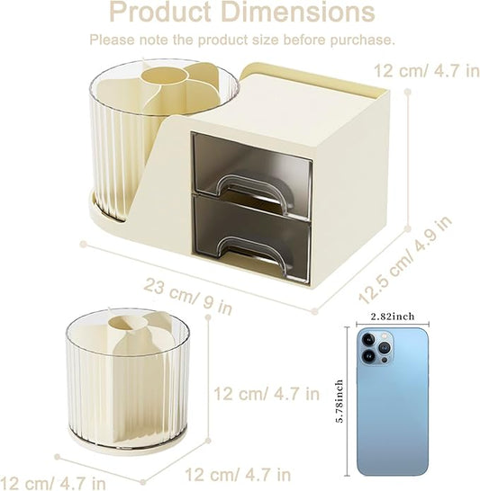 SAYEEC Rotating Desk Organizer with 2 Drawer, 6 Slots Multi-Functional Pencil Pen Holder, Desktop Makeup Organizer Stationery Accessories Storage Box Caddy for Office School Home Art Supplies (Beige)