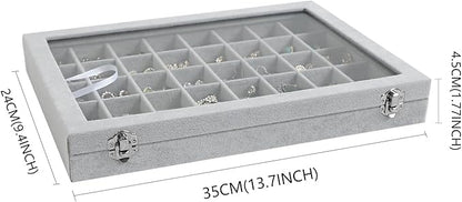 Wudygirl Jewelry Organizer Velvet Jewelry Box 40 Grid Earring Holder Organizer with Lid Ring Holder Ring Display Case Adjustable (Gray)