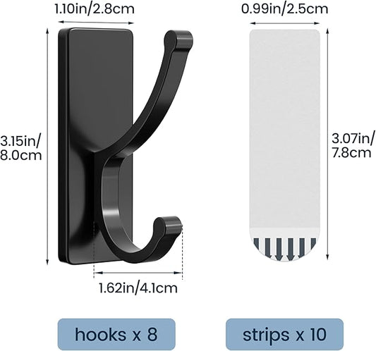 pickpiff Adhesive Wall Hooks with Strip - No Residue, Easy to Remove, Strong Heavy Duty Sticky Towel Hook, 8 Pack Black