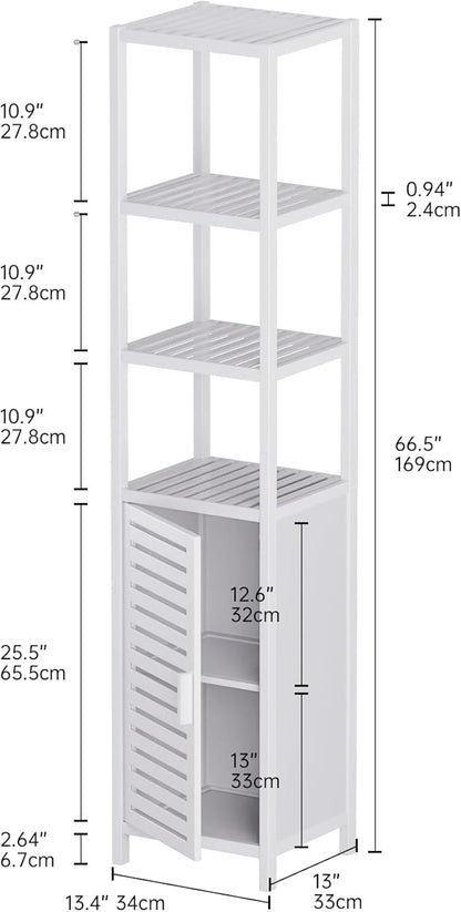 HITNET Bathroom Tall Cabinet, Floor Standing Bamboo Storage Cabinet with 6 Shelves and Shutter Door for Kitchen Living Room, White