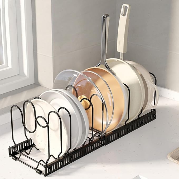 MAKIOTEKO Pots and Pans Organizer Under Cabinet, 10 Compartments Expandable Pot Lid Organizer Holder Rack for under Cabinet for Pots Cutting Board Cookware