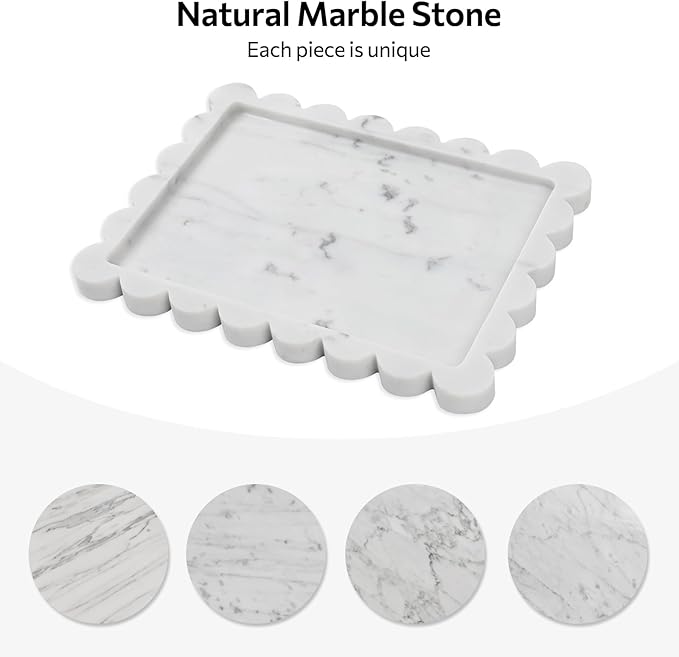 Faticdorr Carrara Natural Marble Scalloped Tray 10.8" x 8", Marble Vanity Tray for Jewelry Trinket Cosmetics Perfume Candle, Luxury Decorative Trays for Bathroom Kitchen Dresser Countertop, White