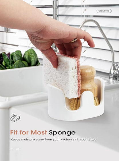 Slow Slog Double Sponge Holder, Water-Absorbing Stone Dish Sponge Caddy for Kitchen Sink Counter, Fast-Drying Stone Sponge Holder with 6 Sponges and 1 Brush, White