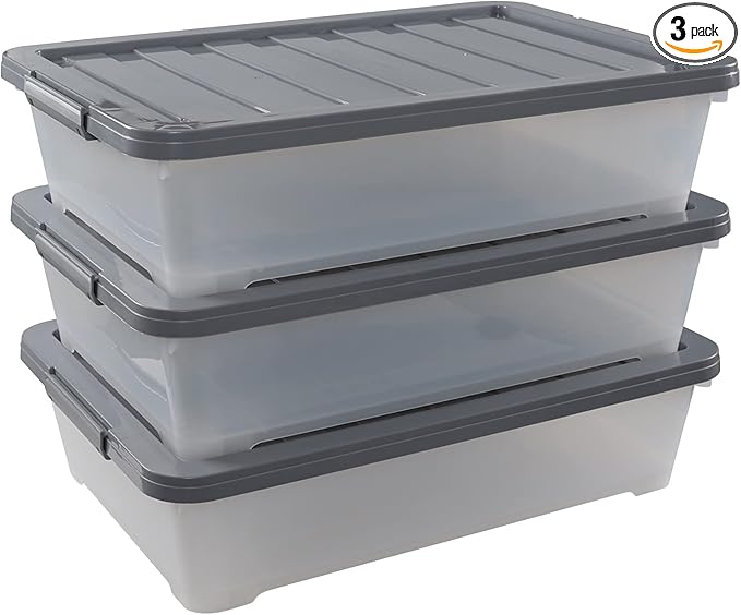 CadineUS 3-pack 40 Quarts Large Plastic Under Bed Boxes with Wheels, Shallow Storage Tote Bins