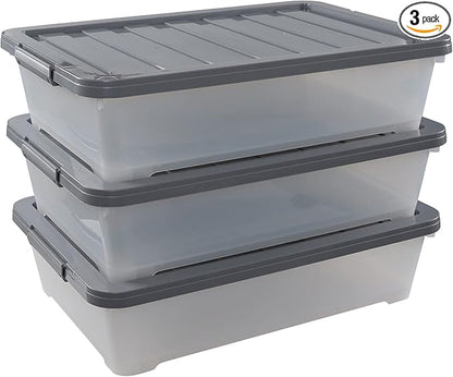 CadineUS 3-pack 40 Quarts Large Plastic Under Bed Boxes with Wheels, Shallow Storage Tote Bins