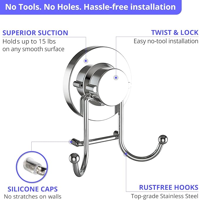 HOME SO Suction Cup Hooks for Shower, Bathroom, Kitchen, Glass Door, Mirror, Tile – Loofah, Towel, Coat, Bath Robe Hook Holder for Hanging up to 15 lbs – Rustproof Chrome Stainless Steel (2-Pack)