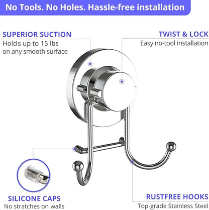 HOME SO Suction Cup Hooks for Shower, Bathroom, Kitchen, Glass Door, Mirror, Tile – Loofah, Towel, Coat, Bath Robe Hook Holder for Hanging up to 15 lbs – Rustproof Chrome Stainless Steel (2-Pack)