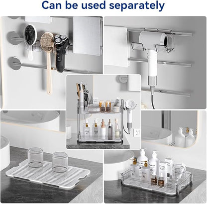 AmzAge Bathroom Countertop Organizer,Makeup Counter Organizer With Hair Dryer Holder,Compatible with Dyson Blow Dryer,Electric Toothbrush And Toothpaste Holder,2-Tier Detachable Design,Transparent