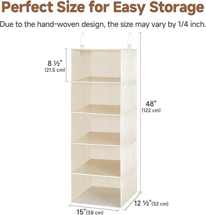 StorageWorks 5-Shelf Hanging Closet Organizers, Foldable Closet Storage Organizer with 2 Side Pockets, Portable Hanging Shelves for Clothes, Sweater, 13" D x 15" W x 47 ¾" H, White & Ivory