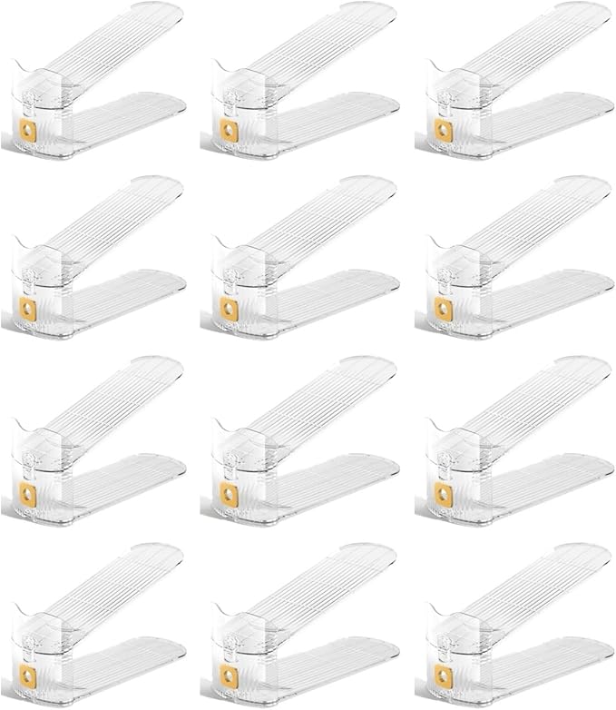 Pack of 12 Pcs Acrylic Shoe Slot Organiser Storage with Size 25.4x9.5x7cm- Adjustable 3-Level Height - Non-Slip Space Saver Shoe Storage Organiser- Shoe Stacker for All Shoe Styles (Clear)