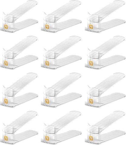 Pack of 12 Pcs Acrylic Shoe Slot Organiser Storage with Size 25.4x9.5x7cm- Adjustable 3-Level Height - Non-Slip Space Saver Shoe Storage Organiser- Shoe Stacker for All Shoe Styles (Clear)
