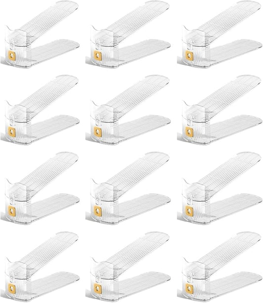 Pack of 12 Pcs Acrylic Shoe Slot Organiser Storage with Size 25.4x9.5x7cm- Adjustable 3-Level Height - Non-Slip Space Saver Shoe Storage Organiser- Shoe Stacker for All Shoe Styles (Clear)