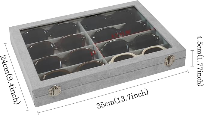 Wudygirl Jewelry organizer Sunglass Organizer 8 Slot Velvet Jewelry Tray Sunglasses Case with Lid Multi Eyeglass Case for Women Men（8 Grid