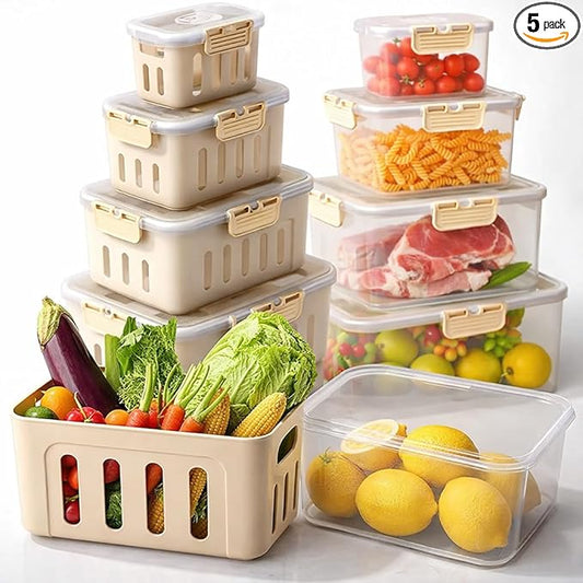DAZZLEREE Fruit Containers for Fridge Keep Fresh, 5-Pack Produce Containers for Fridge with Lids, Meal Prep Containers, Food Organizer with Removable Colander, Microwave & Dishwasher Safe (Cream)
