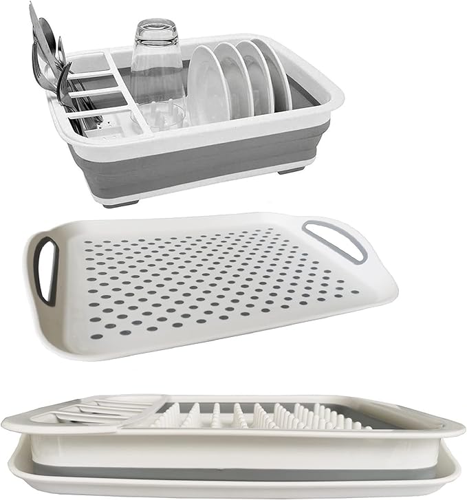 Collapsible Dish Drying Rack with Drain board Set Portable Dish Drainer Foldable Drying Dish Storage Rack Silverware Organizer