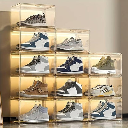 Acrylic Shoe Storage Boxes – Clear Plastic Stackable Shoe Organizer For Closet, Space Saving Shoe bins With Magnetic Doors 2 Lids Open For Sneakers, Trainers, Pumps, Heels, Flats (Clear- 4 Pack)