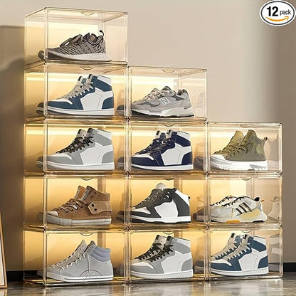 Acrylic Shoe Storage Boxes – Clear Plastic Stackable Shoe Organizer For Closet, Space Saving Shoe bins With Magnetic Doors 2 Lids Open For Sneakers, Trainers, Pumps, Heels, Flats (Clear - 12 Pack)