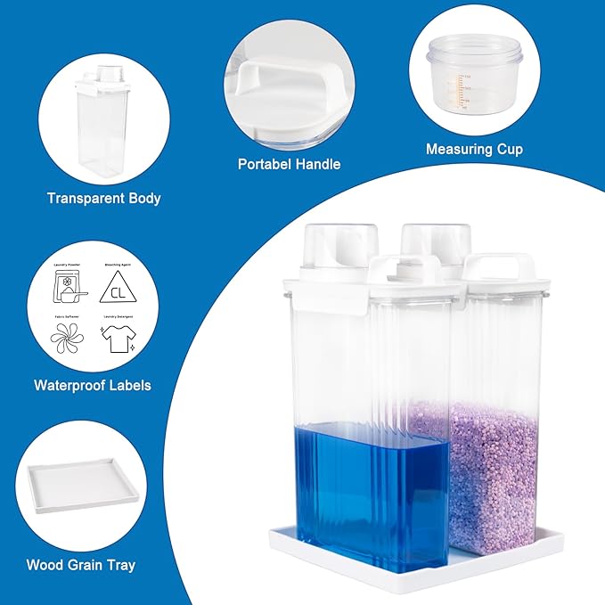 95oz Laundry Detergent Container, 2 Pack Plastic Liquid Detergent Dispenser for Laundry Room Powder,Soap,Fabric Softener, Scent Beads Storage and Organization,with 5 Labels,1 Tray.(2, 95oz)