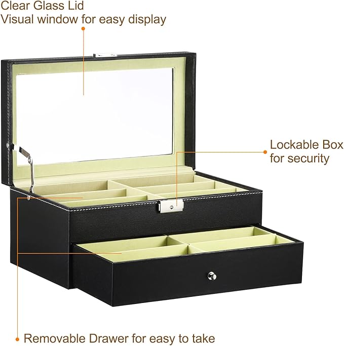 PATIKIL Sunglasses Organizer for Women Men, 12 Slot Leather Eyeglass Display Case Holder with Drawer Double-Layer Eyewear Storage Box, Black