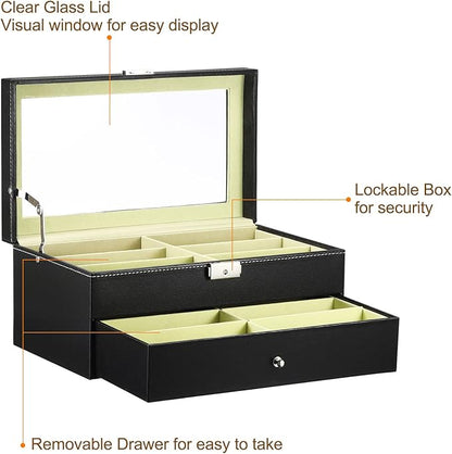 PATIKIL Sunglasses Organizer for Women Men, 12 Slot Leather Eyeglass Display Case Holder with Drawer Double-Layer Eyewear Storage Box, Black