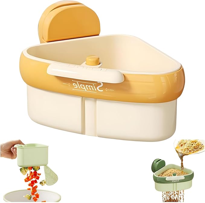 Suction Cup Sink Corner Rack – Triangular Basket with Drain, Self-Cleaning Strainer & Sponge Holder, No-Drill Wall Storage (Yellow)