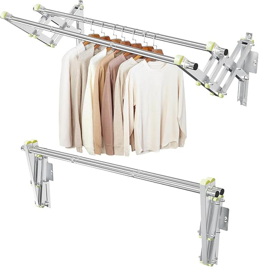 Foldable Wall Mounted Clothes Rack-Double 44'' Long Rod&2 Bases,Stainless Steel, Heavy Duty,Multi-Purpose for Space-Saving Garment Rack/Clothes Drying Rack/Plant Hanger (44 inches length X 2 rows)