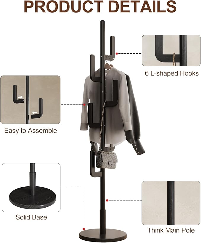 Solid Wood Cactus Coat Rack, Freestanding Coat Rack With 6 L-Shaped Hooks and 3 Adjustable Sizes, Coat Tree for Bedroom, Entryway, Livingroom, Coat Hanger Stand for Coats, Handbags (Black)