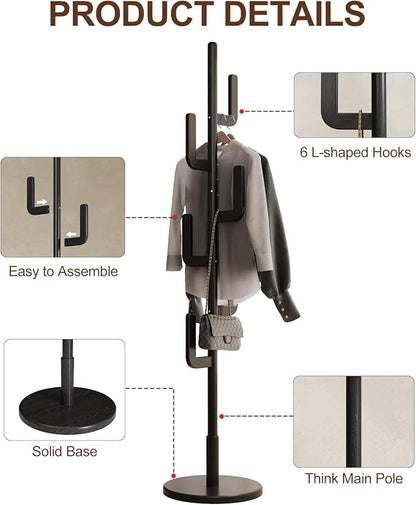 Solid Wood Cactus Coat Rack, Freestanding Coat Rack With 6 L-Shaped Hooks and 3 Adjustable Sizes, Coat Tree for Bedroom, Entryway, Livingroom, Coat Hanger Stand for Coats, Handbags (Black)