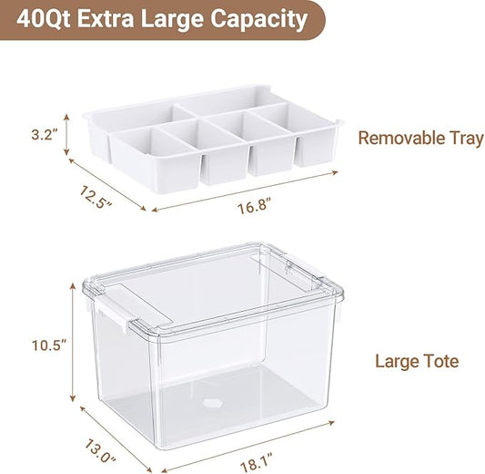 HOMETUK 40Qt Plastic Storage Bin with Lid, Clear Latching Organizers Box with Removable Tray, Large Portable Storage Container, for Holiday Ornaments, Home Organization, 1Pack