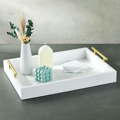 Juvale Ottoman Tray with Coasters & Interchangeable Gold & Silver Handles - 15.7" x 11.8" x 3.1" - White Rustic Wood Rectangular - Coffee Table Tray for Serving & Decorative Accents