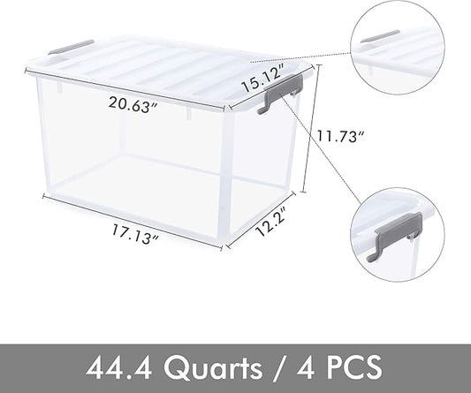 Citylife 44.4 QT Plastic Storage Bins with Latching Lids Stackable Storage Containers for Organizing Large Clear Storage Box for Garage, Closet, Kitchen, 4 Packs