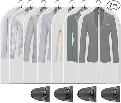Dust Proof Clear Garment Bags 7 Piece Set - 40 Inch Translucent Suit Bags with Full-Length Zipper for Closet Clothes Storage and Travel | 4 Portable Travel Shoe Bags