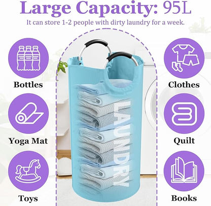 95L Foldable Blue Laundry Basket with Handles, Big Clothes Hamper for Bedroom, Dirty Clothes Basket Stand Upright, Portable Laundry Bag for Dorm, Nursery, Family, Blue