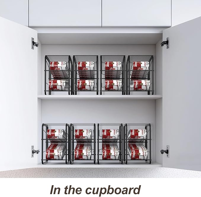 4 Pack Soda Can Organizer, Stackable Metal Can Dispenser for Pantry, Automatic Rolling Canned Food Organizer for Cabinet and Countertop, Black.
