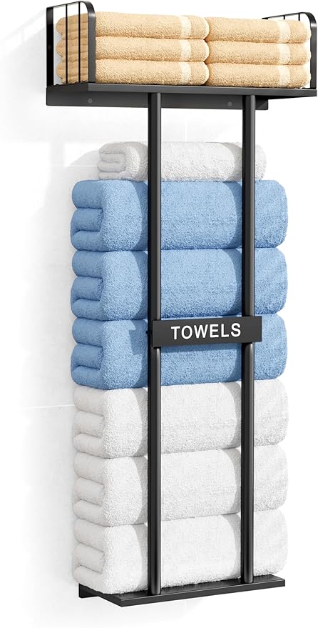 KIMBORA Towel Racks for Bathroom with Top Towel Shelf Hold 8 Large Rolled Towels, 36" Wall Mounted Bathroom Towel Storage Organizer for Small Bathroom, Camper, Rv (Black)