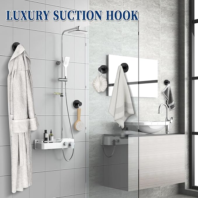 warlve Suction Cup Hooks No Drill Stainless Steel Shower Hooks Towel Hook Heavy Duty on Smooth and Non-Porous Surfaces in Bathrooms Kitchen Bedroom (2, Matte Black)
