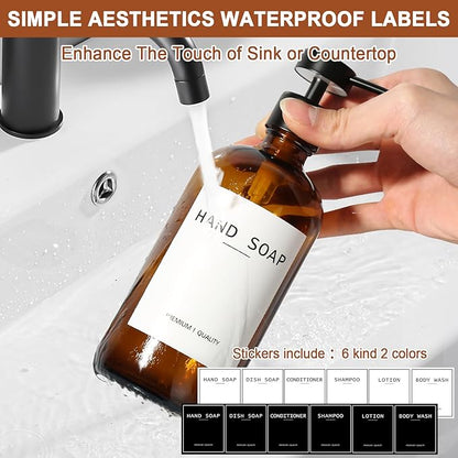 RYTOXILO Amber Glass Soap Dispenser 4 Pack, Hand Soap Dispenser Bathroom with Stainless Steel Pump, 16.9 Fl oz Hand and Dish Soap Dispensers Set Kitchen, Modern Brown Soap Lotion Dispensers Bottle