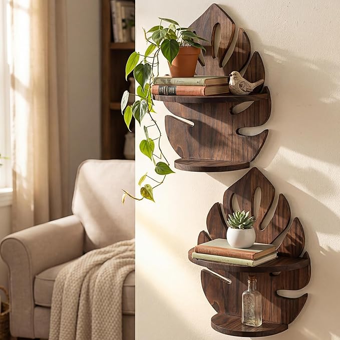 2 Pack Double Layer Palm Leaf Wall Shelves 15.8 x 12.4 Inch Wooden Hanging Shelves with Vintage Hollow Design, Tropical Wall Art for Living Room, Kitchen, Bedroom, Office Decor