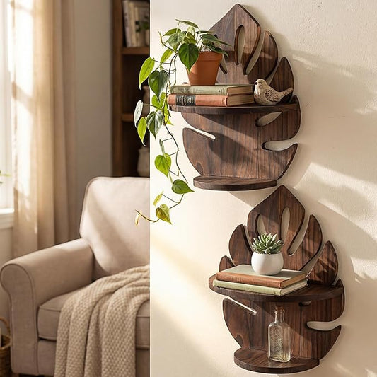 2 Pack Double Layer Palm Leaf Wall Shelves 15.8 x 12.4 Inch Wooden Hanging Shelves with Vintage Hollow Design, Tropical Wall Art for Living Room, Kitchen, Bedroom, Office Decor