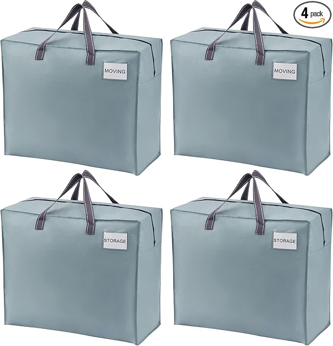 VENO 4 Pack Moving Bags, Christmas Storage Containers, Storage Totes, Zipper On Top, Sturdy, Storage Bags for Camping, Clothes, Bedding, Comforters, Pillows (22 Gallon Light Blue, 4 Pack)