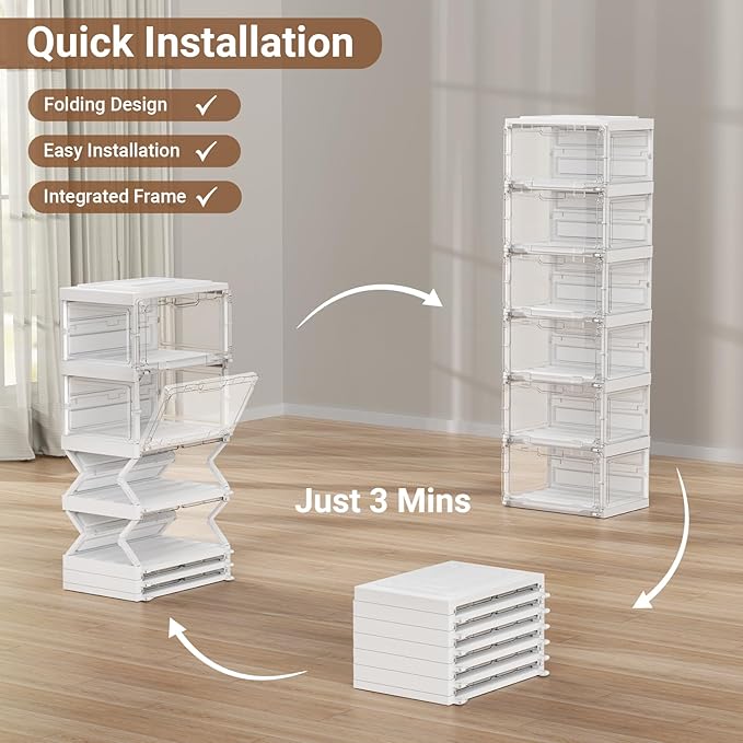 BROVIEW Led Shoe Boxes, Shoe Display Case with Lights, Large Clear Plastic Foldable Shoe Storage Box, Voice Activated Led Shoe Organizer Sneaker Case, Collection Crate, 2 Row 6 Tier White
