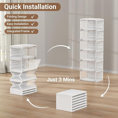BROVIEW Led Shoe Boxes, Shoe Display Case with Lights, Large Clear Plastic Foldable Shoe Storage Box, Voice Activated Led Shoe Organizer Sneaker Case, Collection Crate, 2 Row 6 Tier White