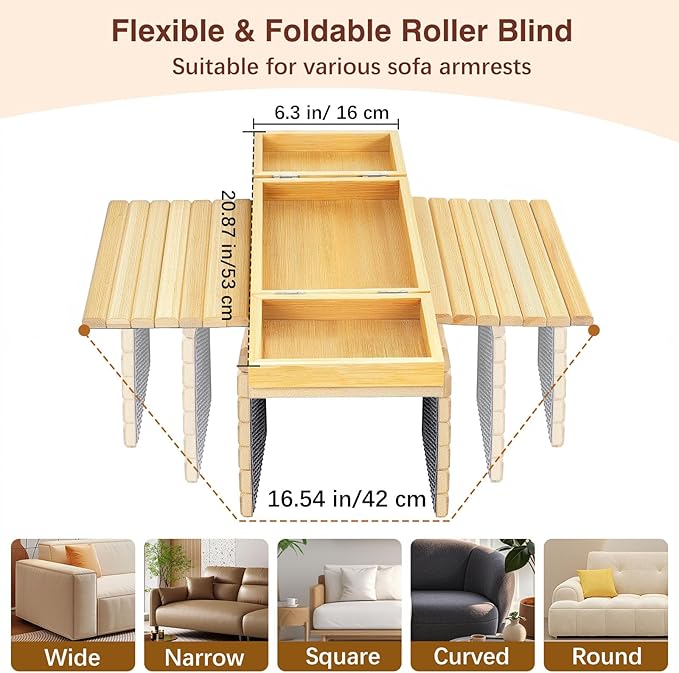 Couch Arm Tray, Expandable and Foldable Couch Armrest Table, Natural Bamboo Sofa Arm Tray, Non-Slip Armrest Organizer for Drink, Cup, Snack, Control, Fruit, Easy to Clean, Natural