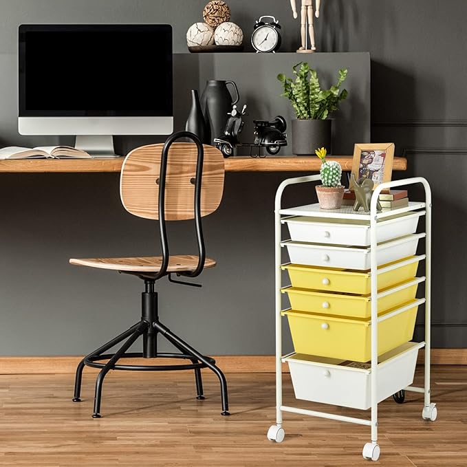 Happygrill 6-Drawer Organizer Cart Tools, Mobile Utility Storage Cart with Removable Drawers & Lockable Wheels, Rolling Storage Cart with Wheels for Home Office,Yellow