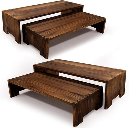 4Pcs Large Display Riser Wood Risers Cupcake Display Stand 2 Tier Racks Rectangular, 2 Set Perfume Decorative Display Dessert Stands for Vendors Event (Large/2Pack Brown)