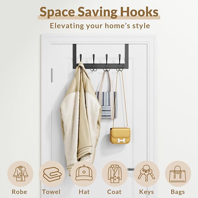 BAKON Over The Door Towel Rack with 4 Triple Hooks, Heavy Duty Over Door Hooks for Bathroom Closet Laundry Room Home Organizer, Door Hanger Coat Rack for Hanging Clothes Backpack Purse (1, Black)