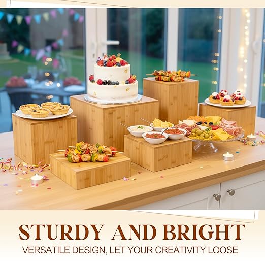6 Pcs Bamboo Buffet Risers, Large Food Risers for Buffet Table, Cake Cupcake Display Stand Cube Box for Wedding Party Catering Dessert Jewelry Collectibles Home Decor, 10" 9" 8" 7.5" 6.7" 6"